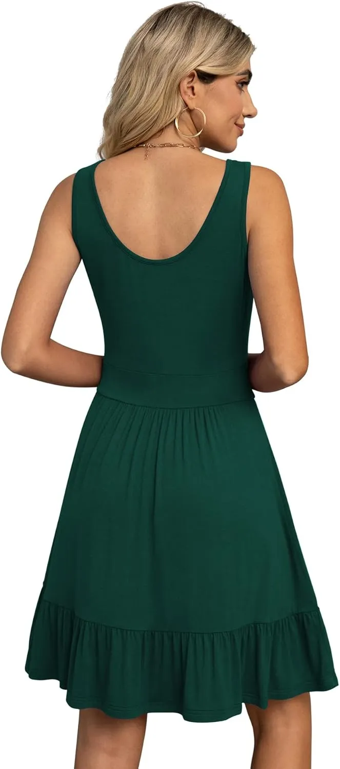 LILBETTER Women's Summer Casual U Neck Sundresses Pleated Knee Length Sleeveless Tank Dress