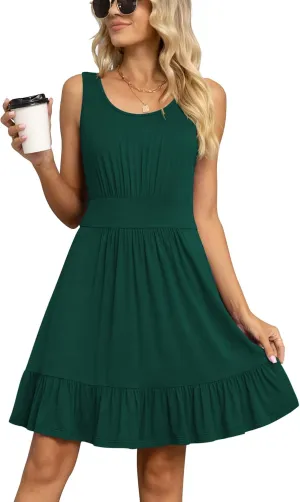 LILBETTER Women's Summer Casual U Neck Sundresses Pleated Knee Length Sleeveless Tank Dress
