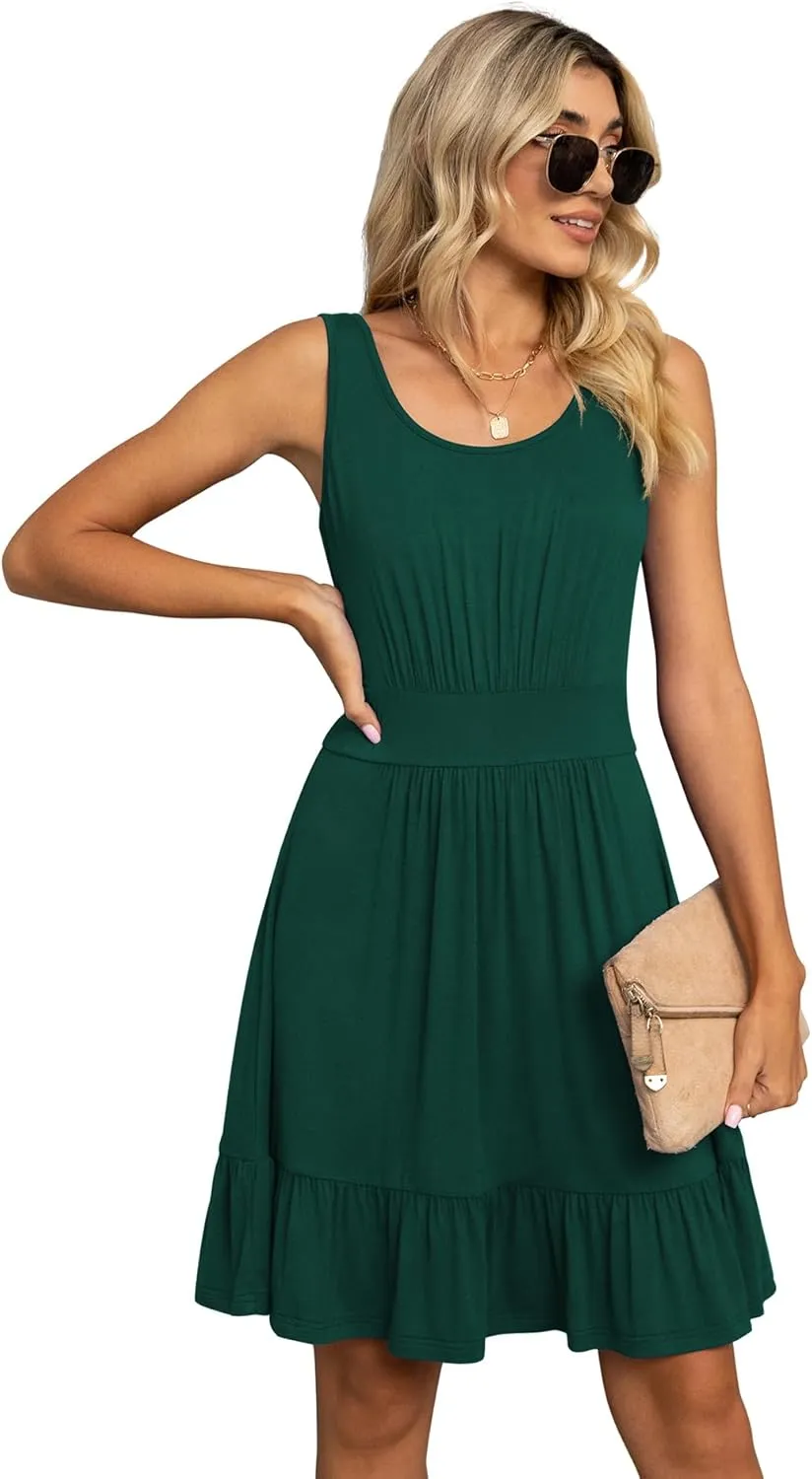 LILBETTER Women's Summer Casual U Neck Sundresses Pleated Knee Length Sleeveless Tank Dress