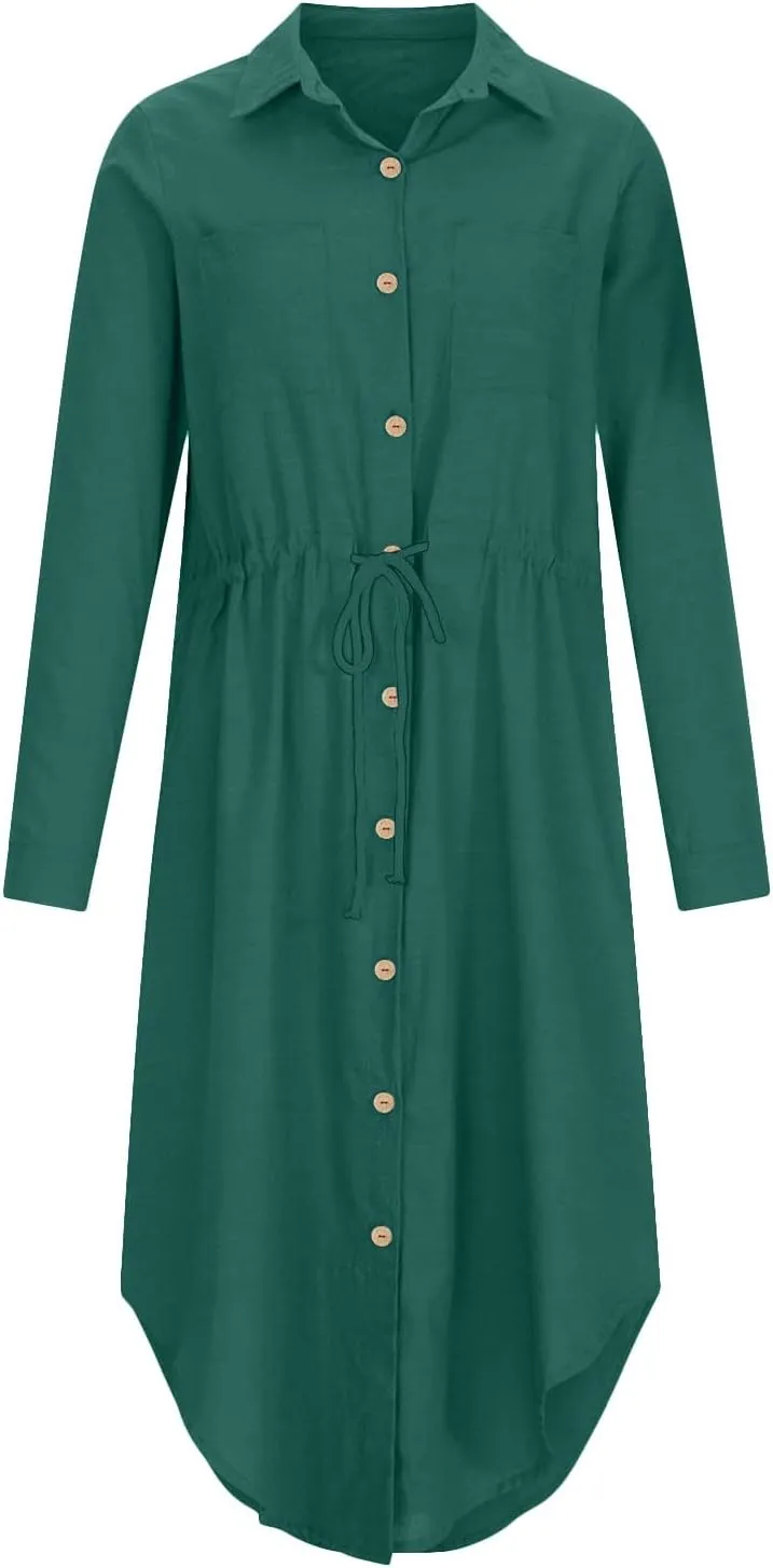 Linen Dress for Women Summer Cotton Midi Button Down Dresses Plus Size Tunic Waist Split Casual Office Tshirt Dress