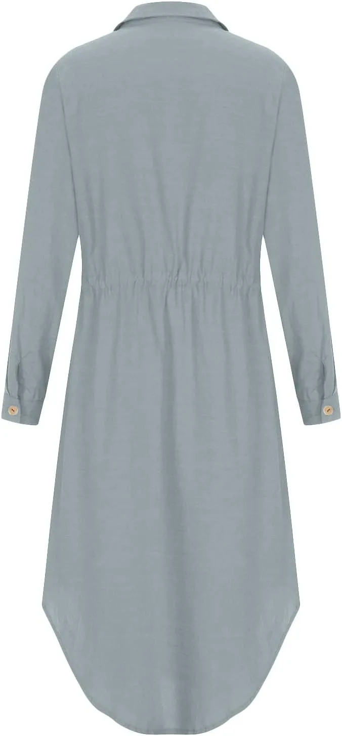 Linen Dress for Women Summer Cotton Midi Button Down Dresses Plus Size Tunic Waist Split Casual Office Tshirt Dress