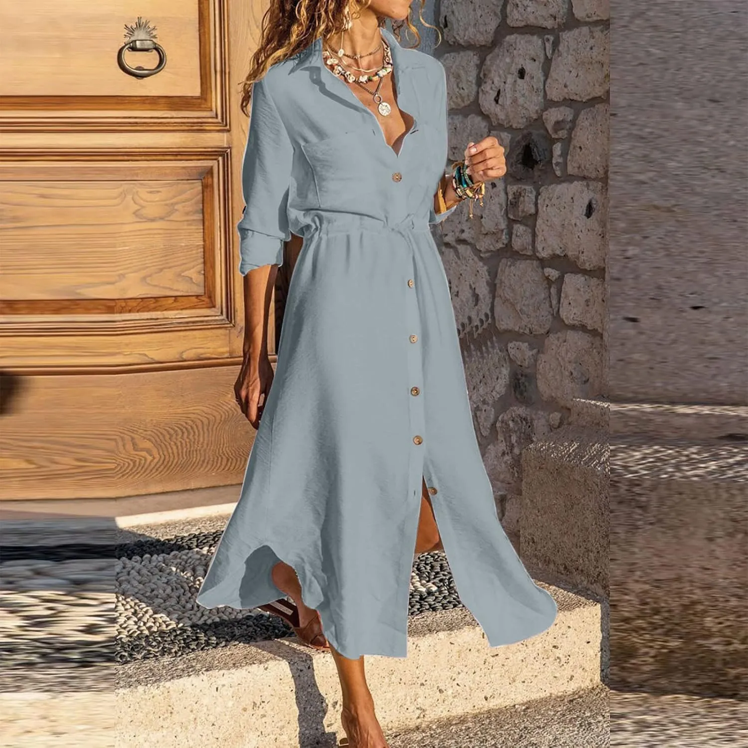 Linen Dress for Women Summer Cotton Midi Button Down Dresses Plus Size Tunic Waist Split Casual Office Tshirt Dress