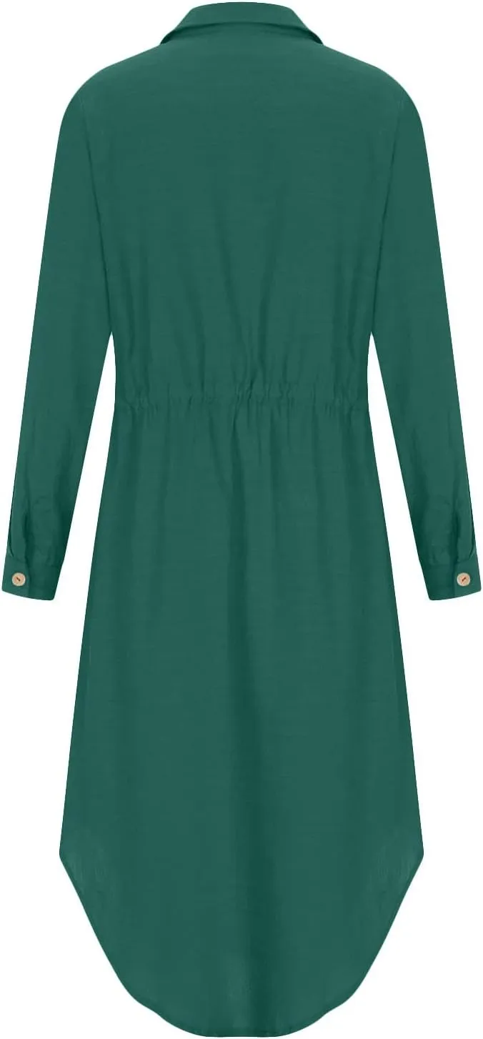 Linen Dress for Women Summer Cotton Midi Button Down Dresses Plus Size Tunic Waist Split Casual Office Tshirt Dress