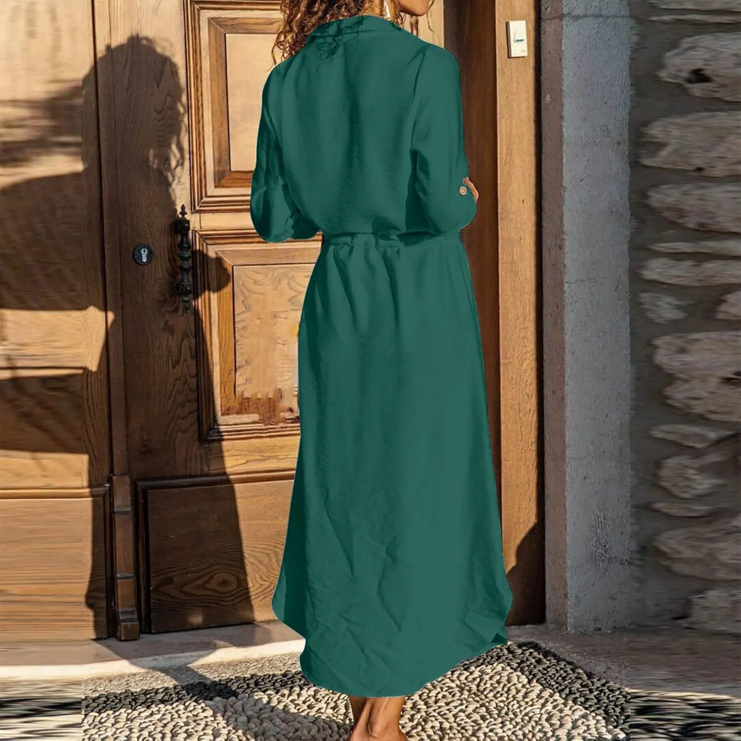 Linen Dress for Women Summer Cotton Midi Button Down Dresses Plus Size Tunic Waist Split Casual Office Tshirt Dress