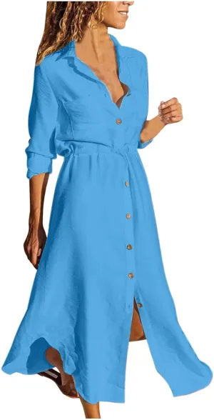 Linen Dress for Women Summer Cotton Midi Button Down Dresses Plus Size Tunic Waist Split Casual Office Tshirt Dress