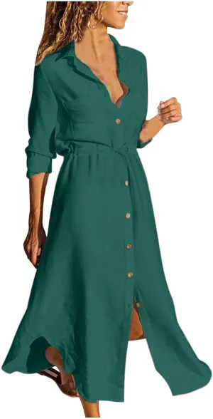 Linen Dress for Women Summer Cotton Midi Button Down Dresses Plus Size Tunic Waist Split Casual Office Tshirt Dress