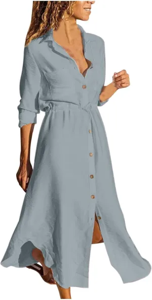 Linen Dress for Women Summer Cotton Midi Button Down Dresses Plus Size Tunic Waist Split Casual Office Tshirt Dress