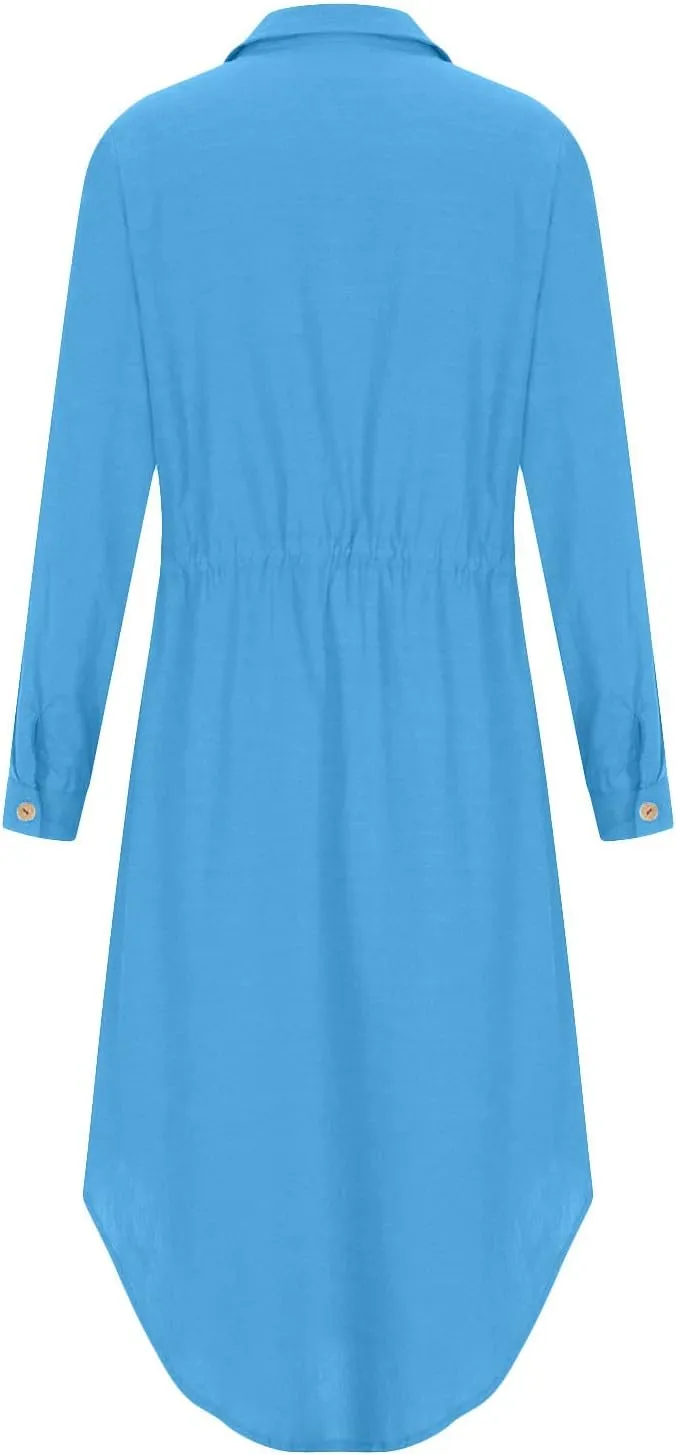 Linen Dress for Women Summer Cotton Midi Button Down Dresses Plus Size Tunic Waist Split Casual Office Tshirt Dress