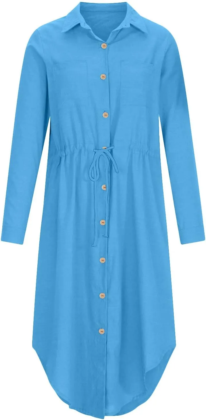 Linen Dress for Women Summer Cotton Midi Button Down Dresses Plus Size Tunic Waist Split Casual Office Tshirt Dress