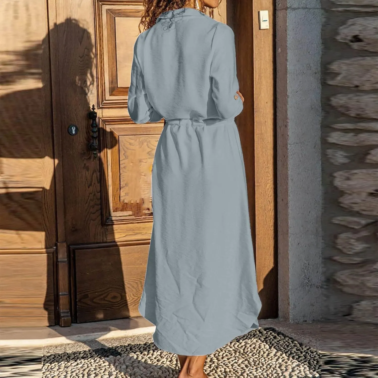 Linen Dress for Women Summer Cotton Midi Button Down Dresses Plus Size Tunic Waist Split Casual Office Tshirt Dress