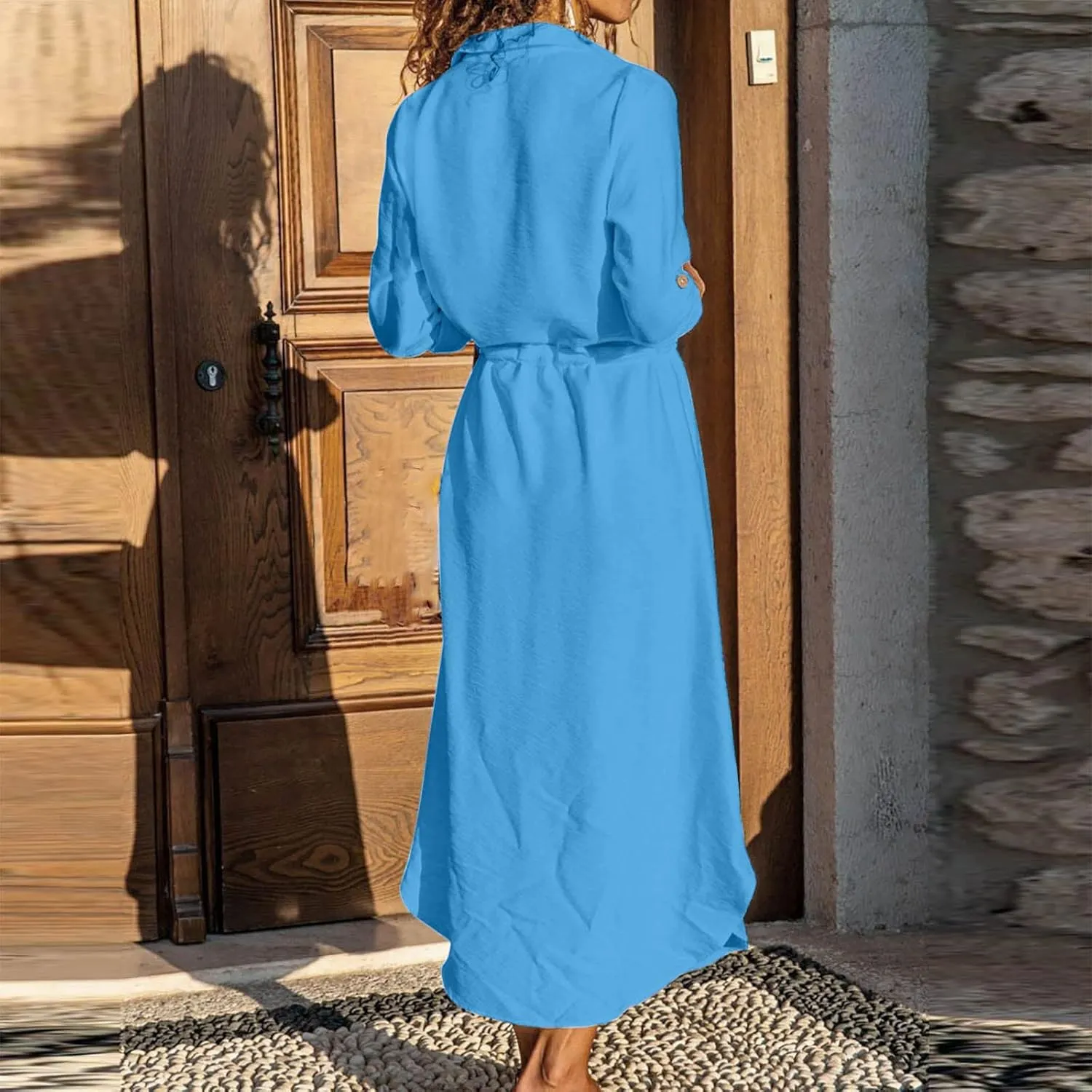 Linen Dress for Women Summer Cotton Midi Button Down Dresses Plus Size Tunic Waist Split Casual Office Tshirt Dress