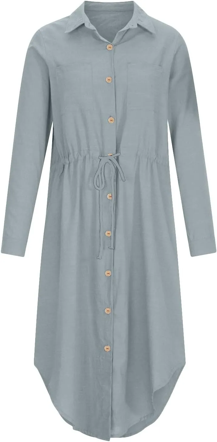 Linen Dress for Women Summer Cotton Midi Button Down Dresses Plus Size Tunic Waist Split Casual Office Tshirt Dress