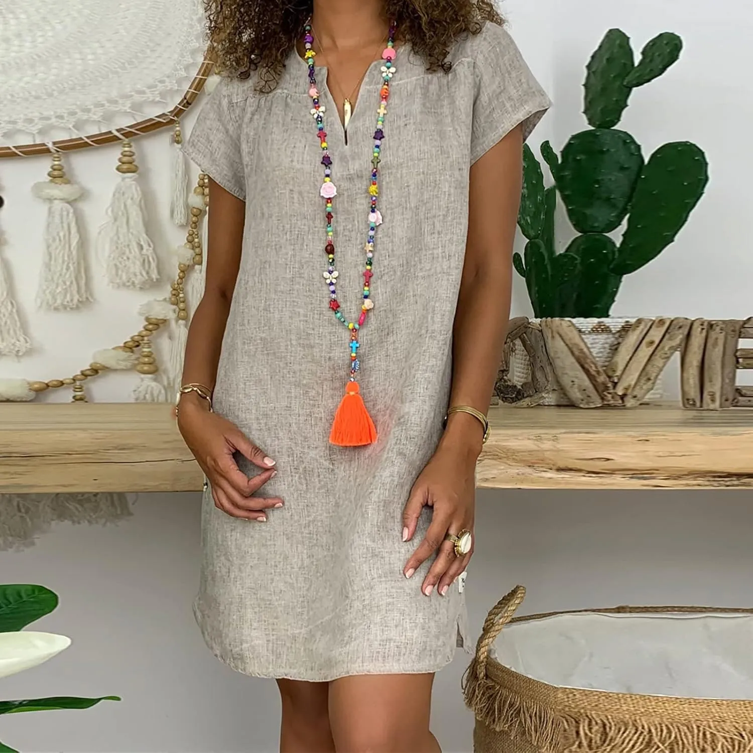 Linen Dress for Women Summer Dresses V Neck Cap Sleeve Sundress Beach Vacation Soft Plus Size Casual Mini Dress 2024