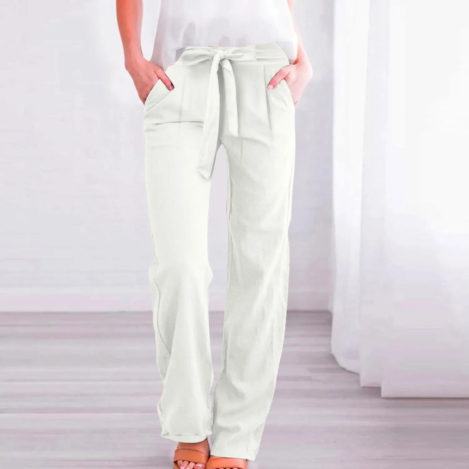Linen Pants Women Summer Straight Leg High Waisted Work Pants with Pockets Plus Size Elastic Waist Pants Trousers