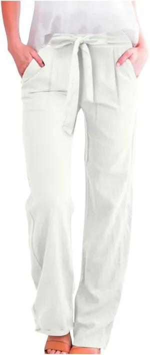 Linen Pants Women Summer Straight Leg High Waisted Work Pants with Pockets Plus Size Elastic Waist Pants Trousers