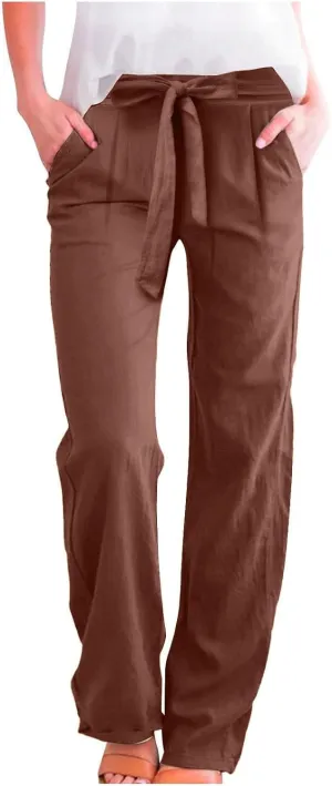 Linen Pants Women Summer Straight Leg High Waisted Work Pants with Pockets Plus Size Elastic Waist Pants Trousers