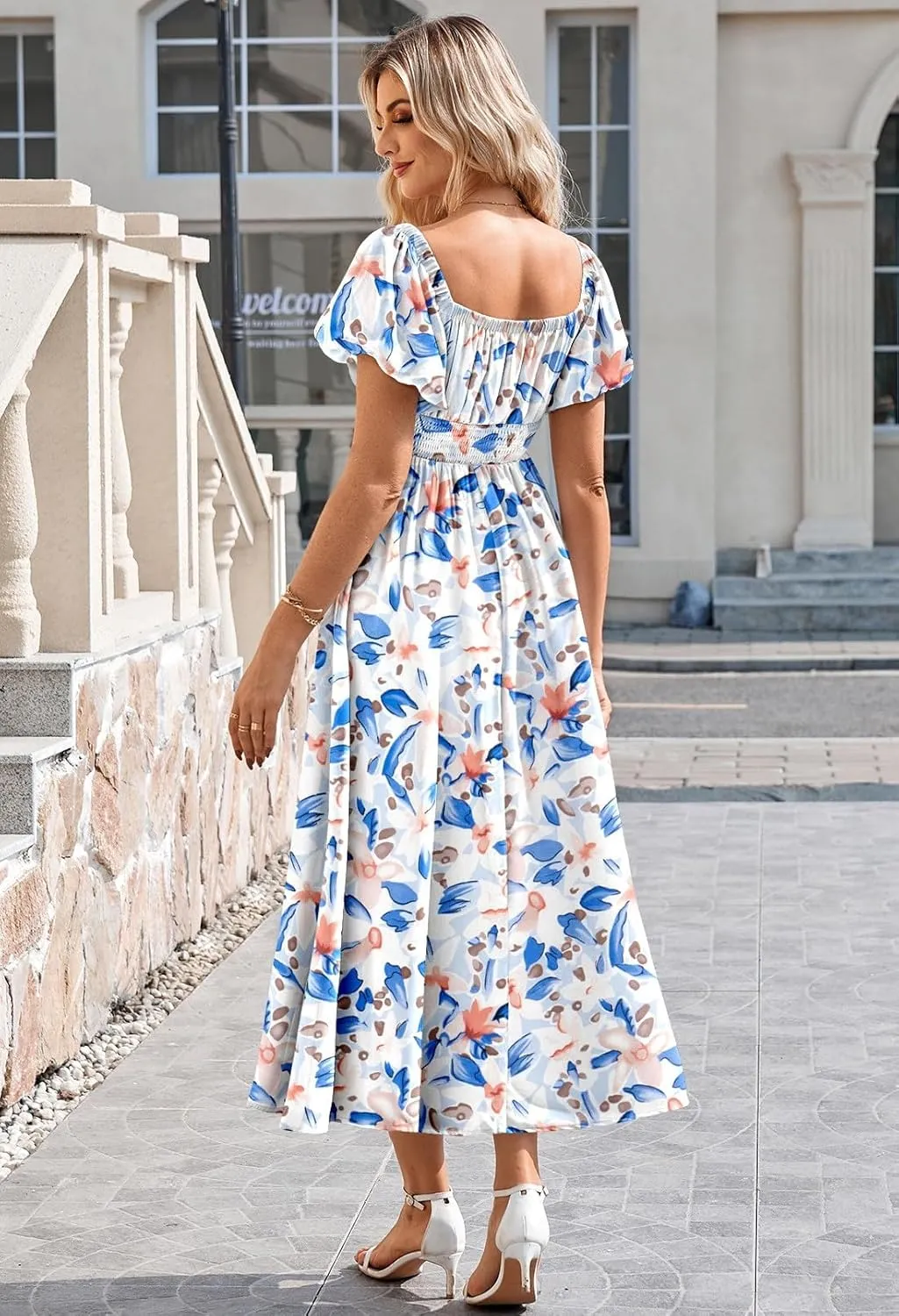 Linsery Women's Summer Square Neck Short Puff Sleeve Casual Smocked Flowy A Line Midi Dress
