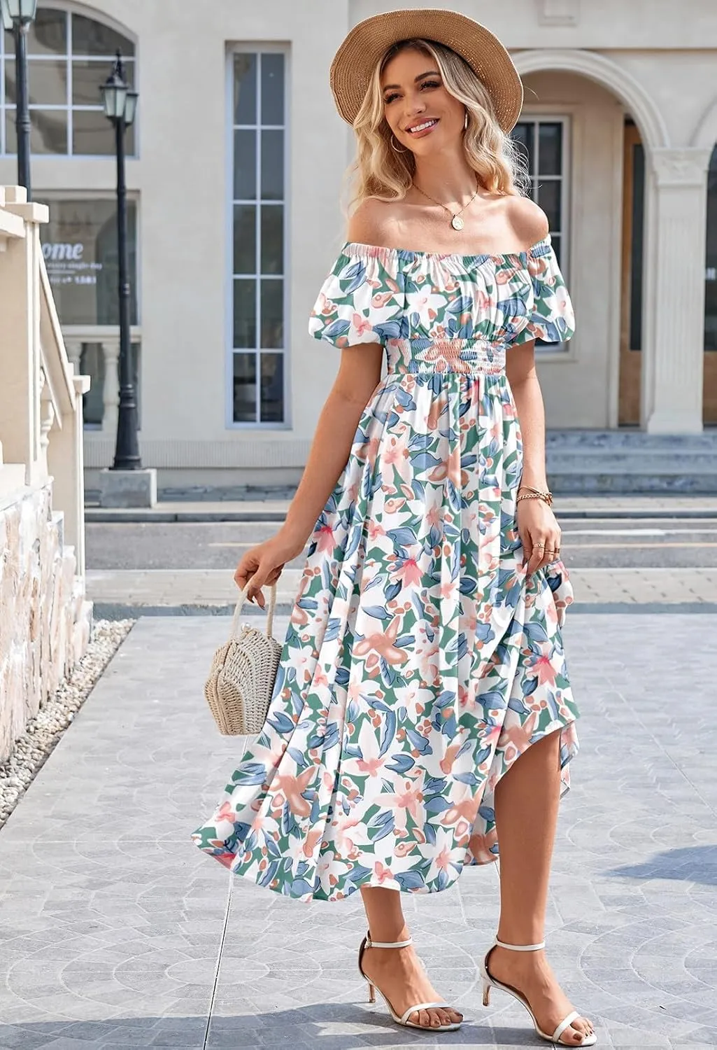 Linsery Women's Summer Square Neck Short Puff Sleeve Casual Smocked Flowy A Line Midi Dress