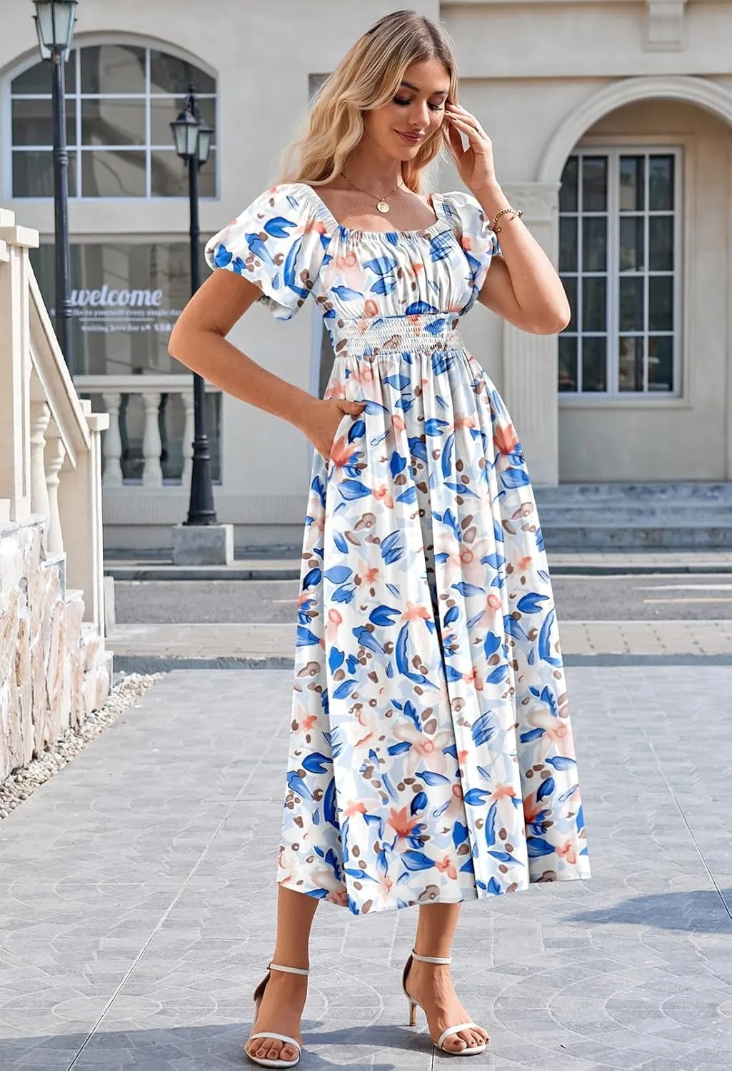 Linsery Women's Summer Square Neck Short Puff Sleeve Casual Smocked Flowy A Line Midi Dress