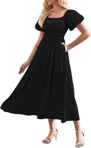 Linsery Women's Summer Square Neck Short Puff Sleeve Casual Smocked Flowy A Line Midi Dress