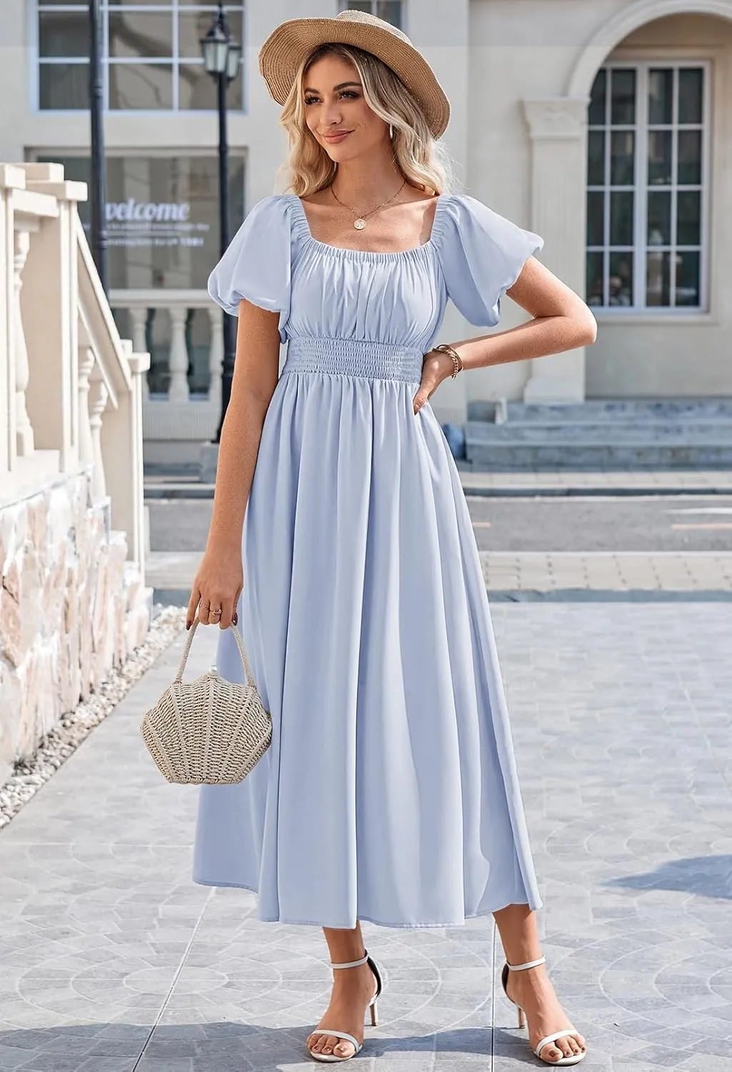 Linsery Women's Summer Square Neck Short Puff Sleeve Casual Smocked Flowy A Line Midi Dress