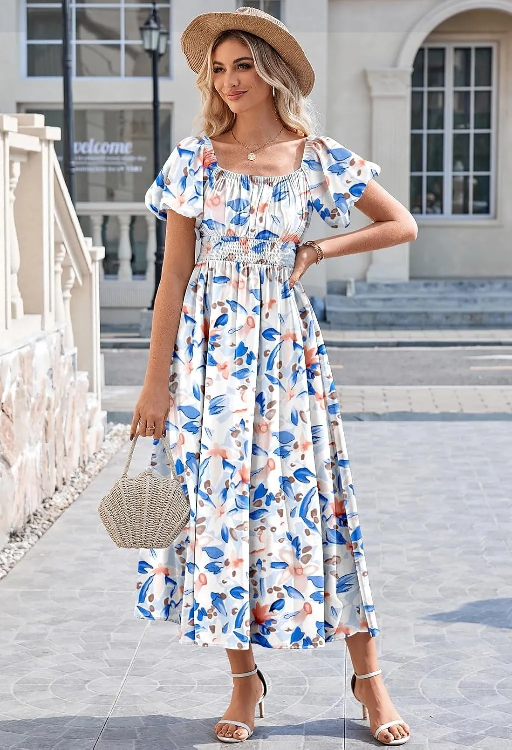 Linsery Women's Summer Square Neck Short Puff Sleeve Casual Smocked Flowy A Line Midi Dress