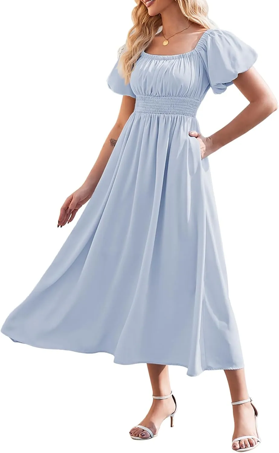 Linsery Women's Summer Square Neck Short Puff Sleeve Casual Smocked Flowy A Line Midi Dress