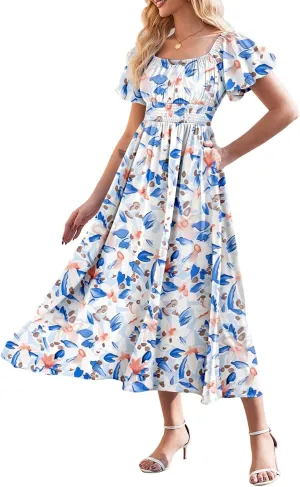 Linsery Women's Summer Square Neck Short Puff Sleeve Casual Smocked Flowy A Line Midi Dress