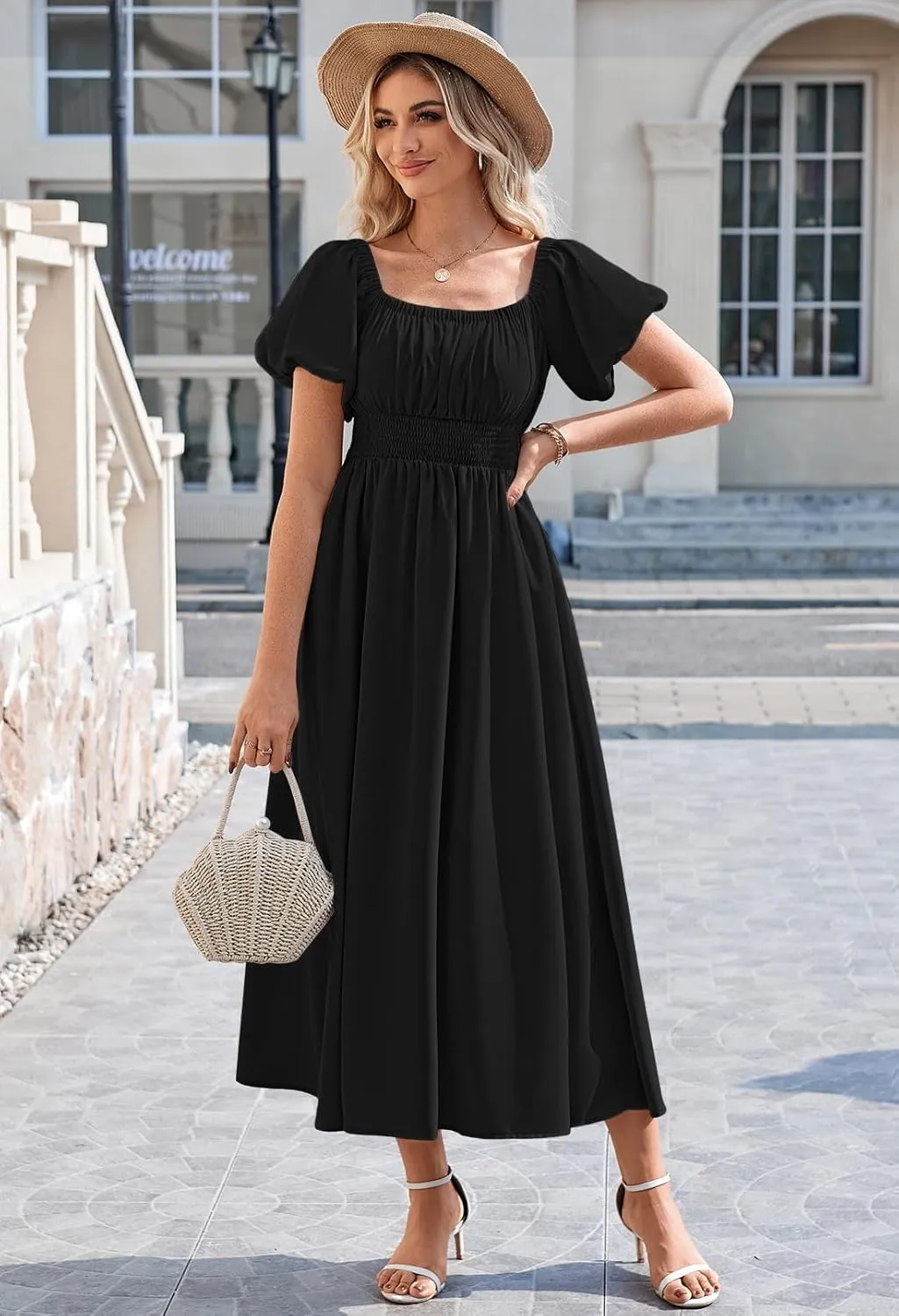 Linsery Women's Summer Square Neck Short Puff Sleeve Casual Smocked Flowy A Line Midi Dress