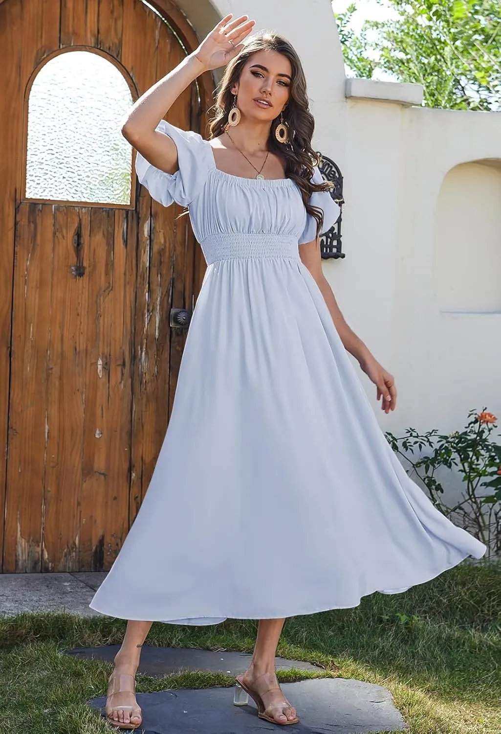 Linsery Women's Summer Square Neck Short Puff Sleeve Casual Smocked Flowy A Line Midi Dress