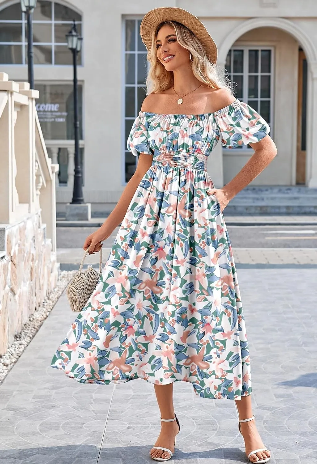 Linsery Women's Summer Square Neck Short Puff Sleeve Casual Smocked Flowy A Line Midi Dress