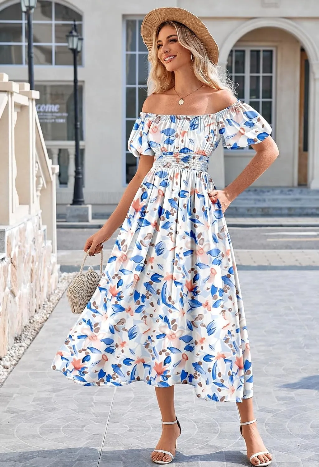 Linsery Women's Summer Square Neck Short Puff Sleeve Casual Smocked Flowy A Line Midi Dress