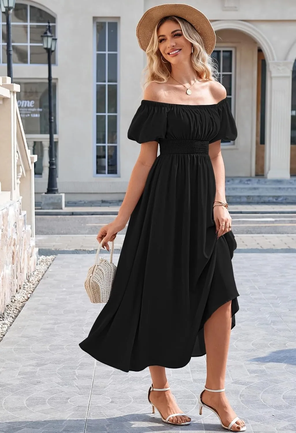Linsery Women's Summer Square Neck Short Puff Sleeve Casual Smocked Flowy A Line Midi Dress