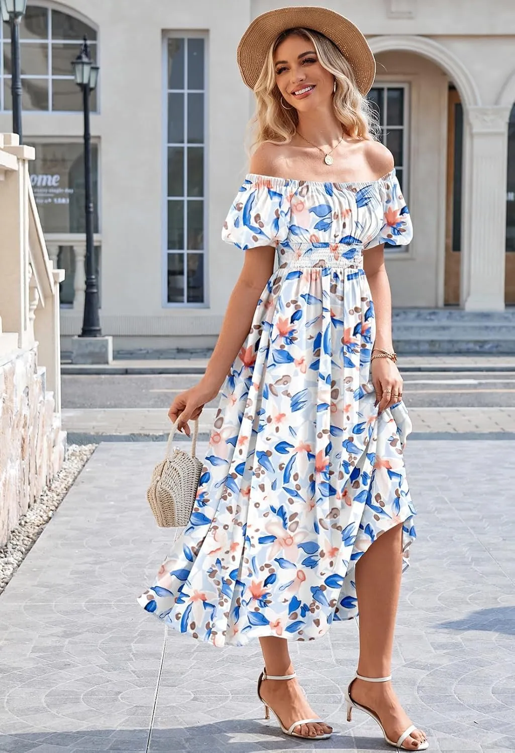 Linsery Women's Summer Square Neck Short Puff Sleeve Casual Smocked Flowy A Line Midi Dress