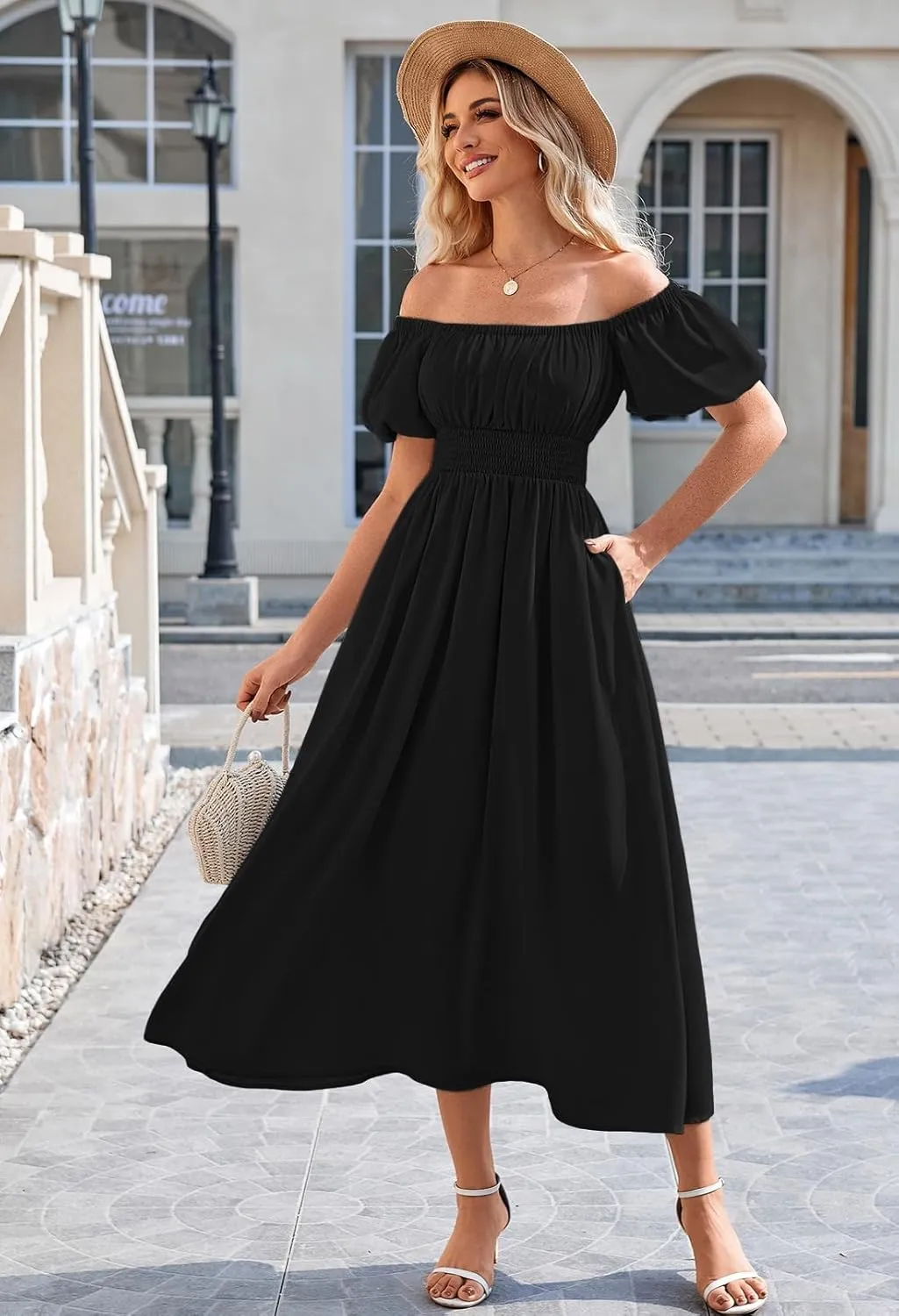 Linsery Women's Summer Square Neck Short Puff Sleeve Casual Smocked Flowy A Line Midi Dress