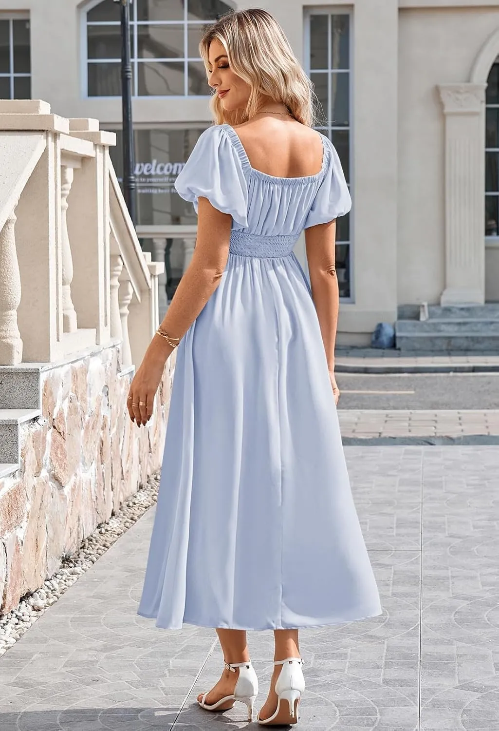 Linsery Women's Summer Square Neck Short Puff Sleeve Casual Smocked Flowy A Line Midi Dress