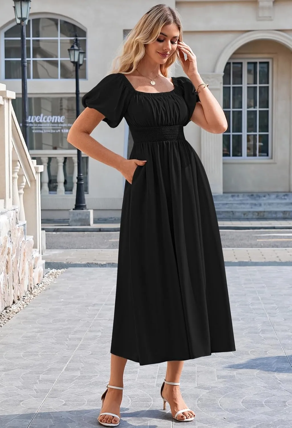 Linsery Women's Summer Square Neck Short Puff Sleeve Casual Smocked Flowy A Line Midi Dress