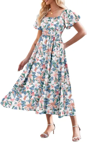 Linsery Women's Summer Square Neck Short Puff Sleeve Casual Smocked Flowy A Line Midi Dress