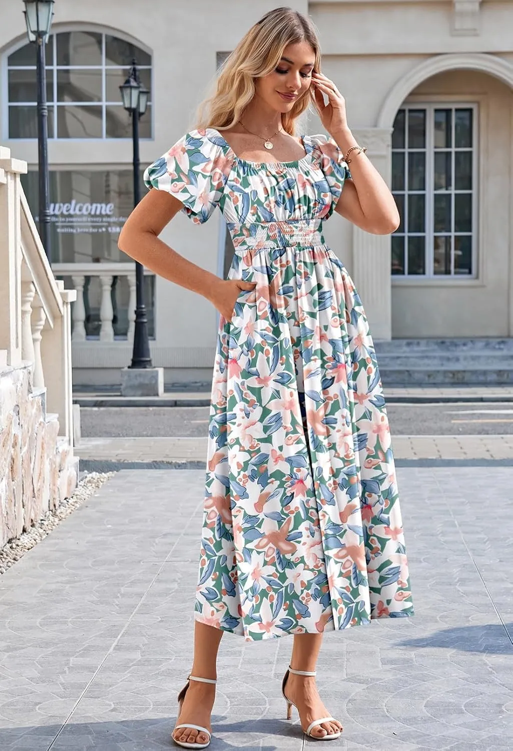 Linsery Women's Summer Square Neck Short Puff Sleeve Casual Smocked Flowy A Line Midi Dress