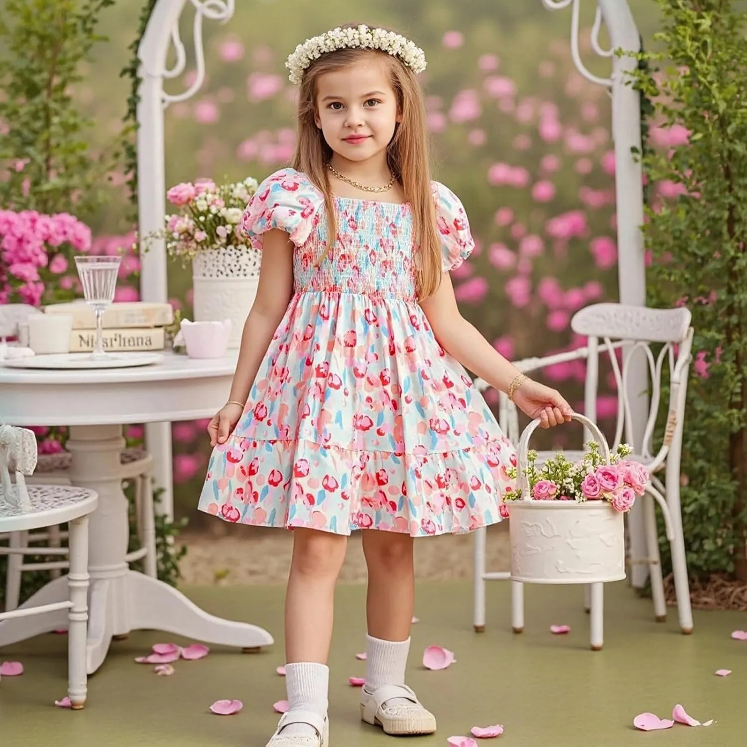 Little Bitty Toddler Girls Floral Dress Square Neck Puff Sleeve A-Line Smocked Dresses Toddler Girls Summer Outfits 2-7 Years