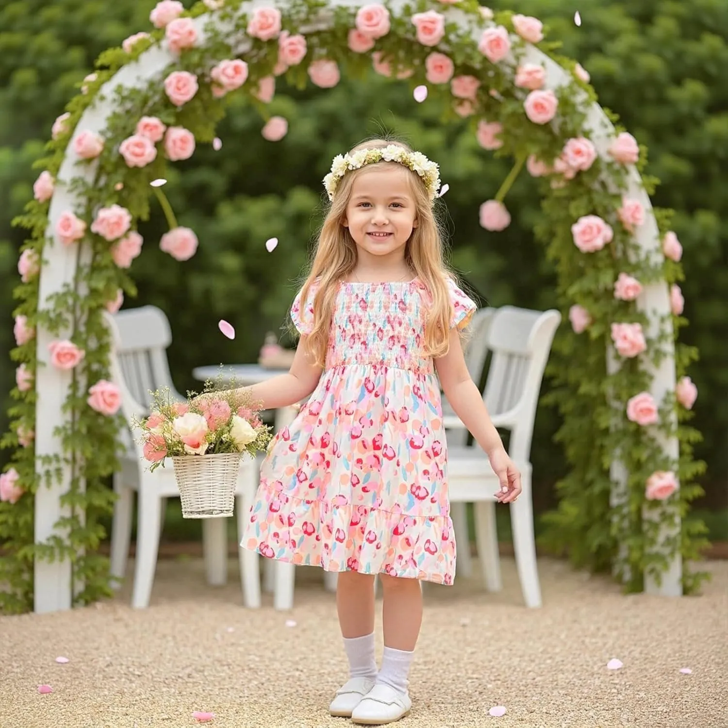 Little Bitty Toddler Girls Floral Dress Square Neck Puff Sleeve A-Line Smocked Dresses Toddler Girls Summer Outfits 2-7 Years