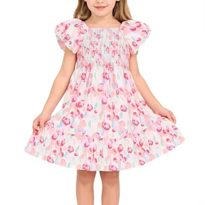 Little Bitty Toddler Girls Floral Dress Square Neck Puff Sleeve A-Line Smocked Dresses Toddler Girls Summer Outfits 2-7 Years