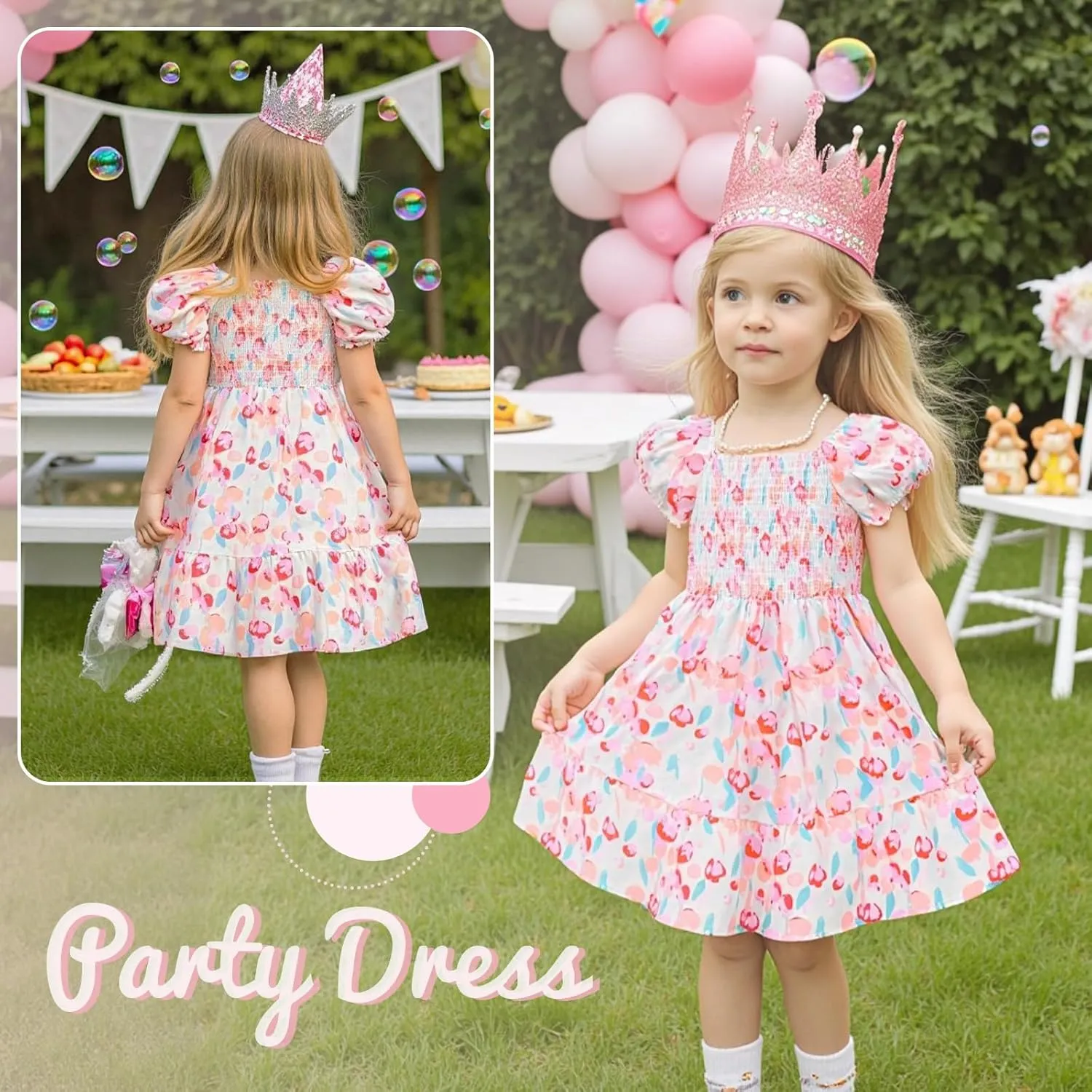 Little Bitty Toddler Girls Floral Dress Square Neck Puff Sleeve A-Line Smocked Dresses Toddler Girls Summer Outfits 2-7 Years