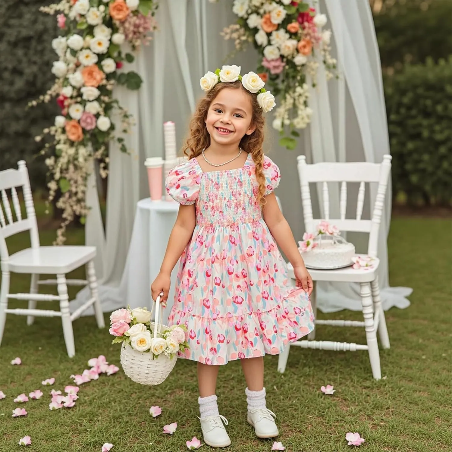 Little Bitty Toddler Girls Floral Dress Square Neck Puff Sleeve A-Line Smocked Dresses Toddler Girls Summer Outfits 2-7 Years