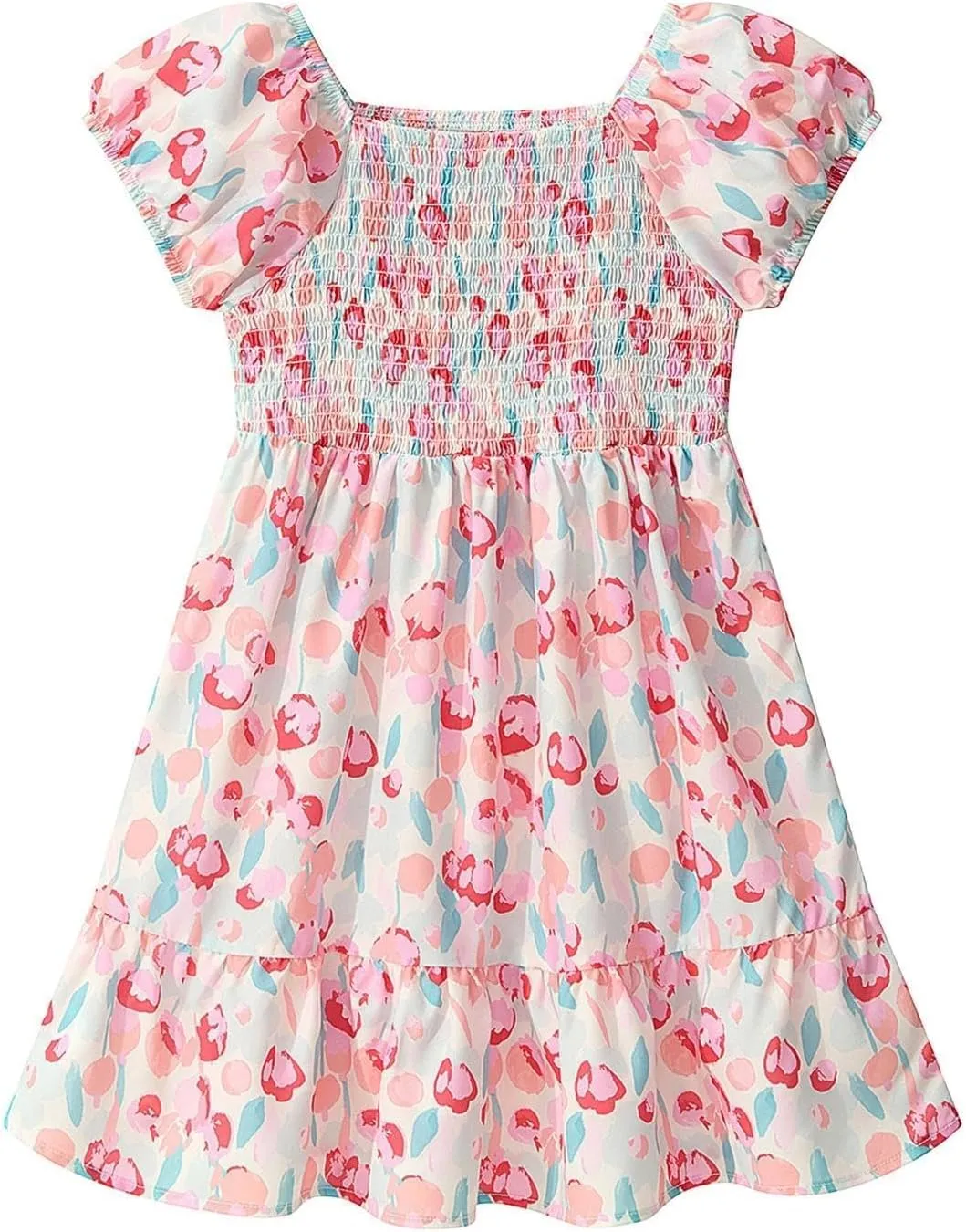 Little Bitty Toddler Girls Floral Dress Square Neck Puff Sleeve A-Line Smocked Dresses Toddler Girls Summer Outfits 2-7 Years