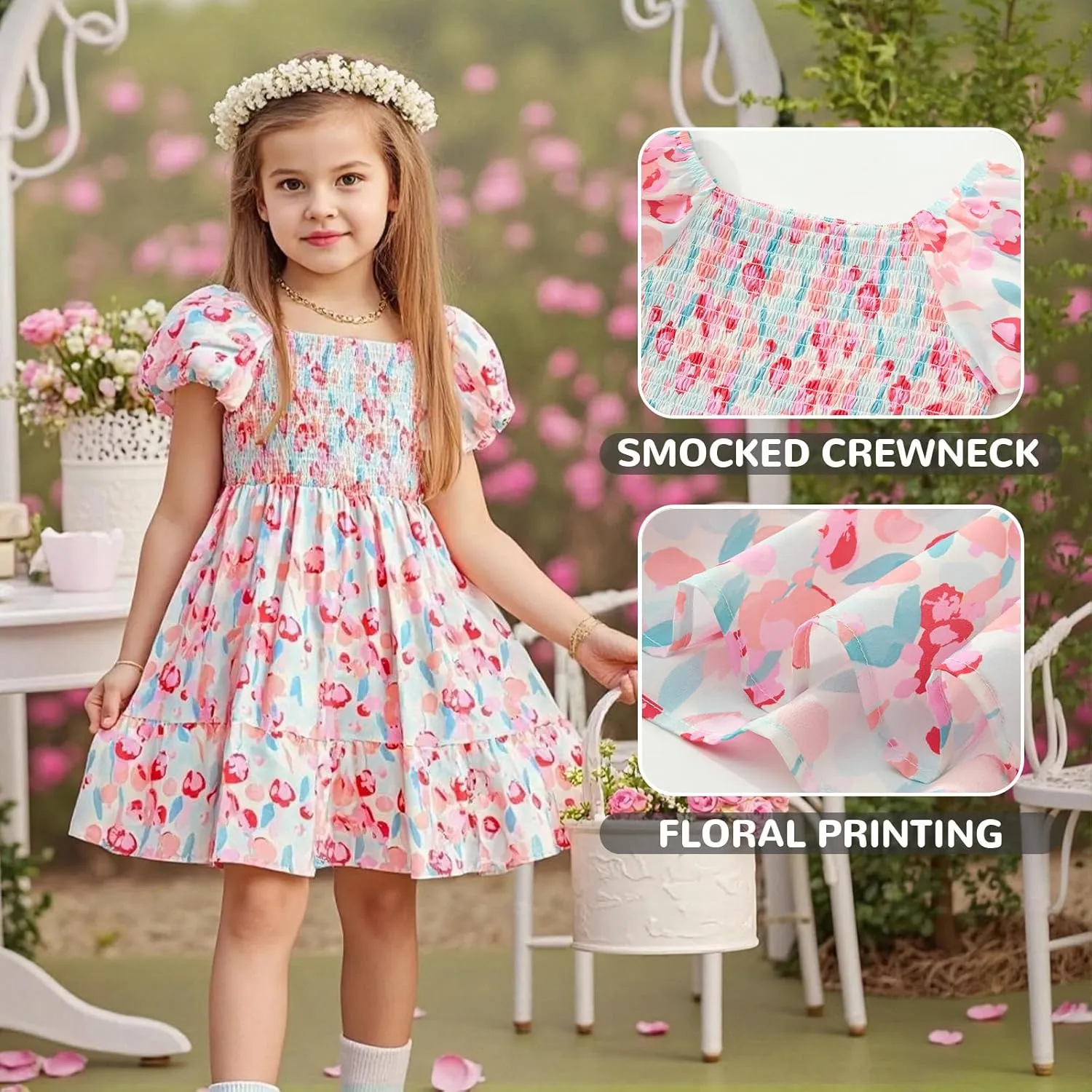 Little Bitty Toddler Girls Floral Dress Square Neck Puff Sleeve A-Line Smocked Dresses Toddler Girls Summer Outfits 2-7 Years