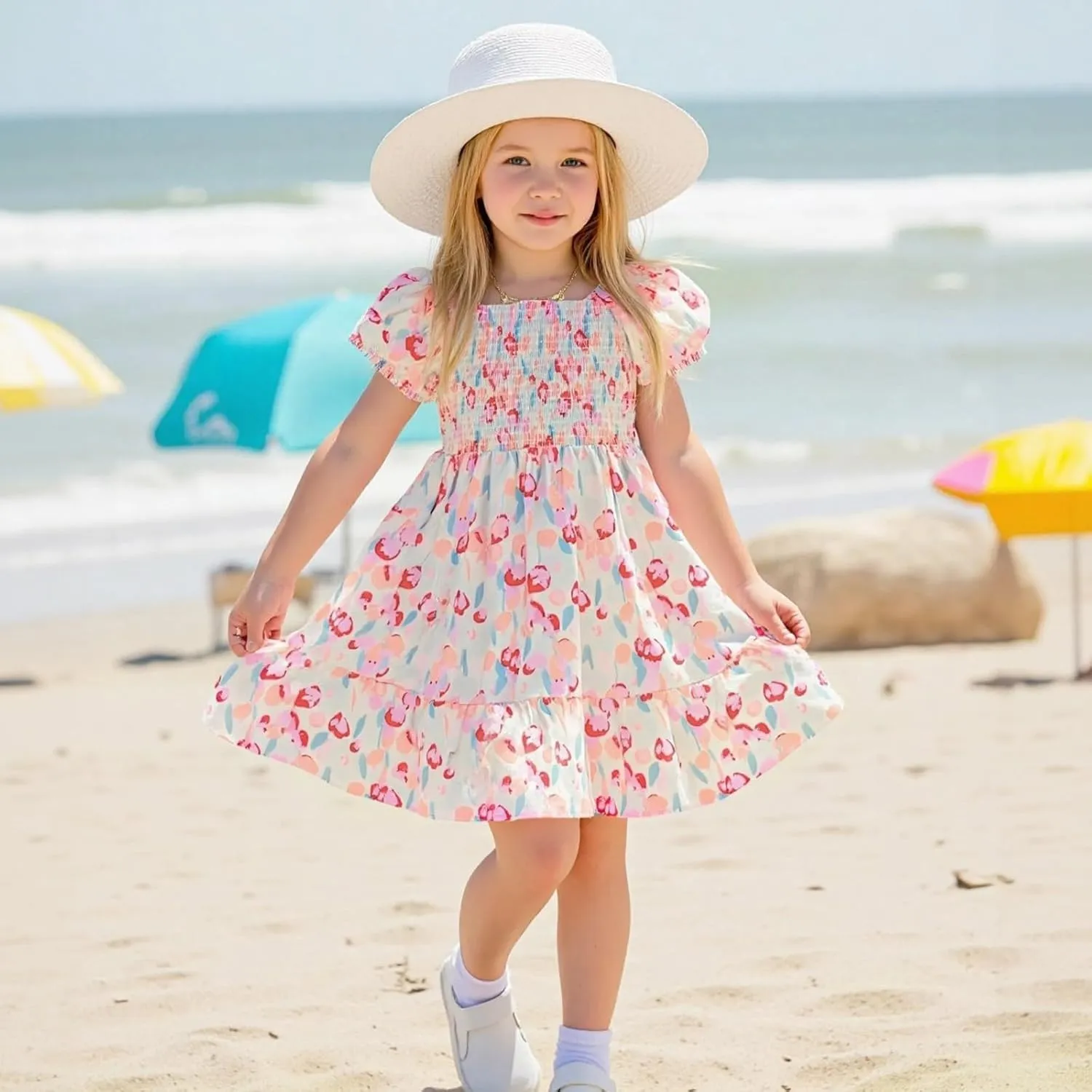 Little Bitty Toddler Girls Floral Dress Square Neck Puff Sleeve A-Line Smocked Dresses Toddler Girls Summer Outfits 2-7 Years