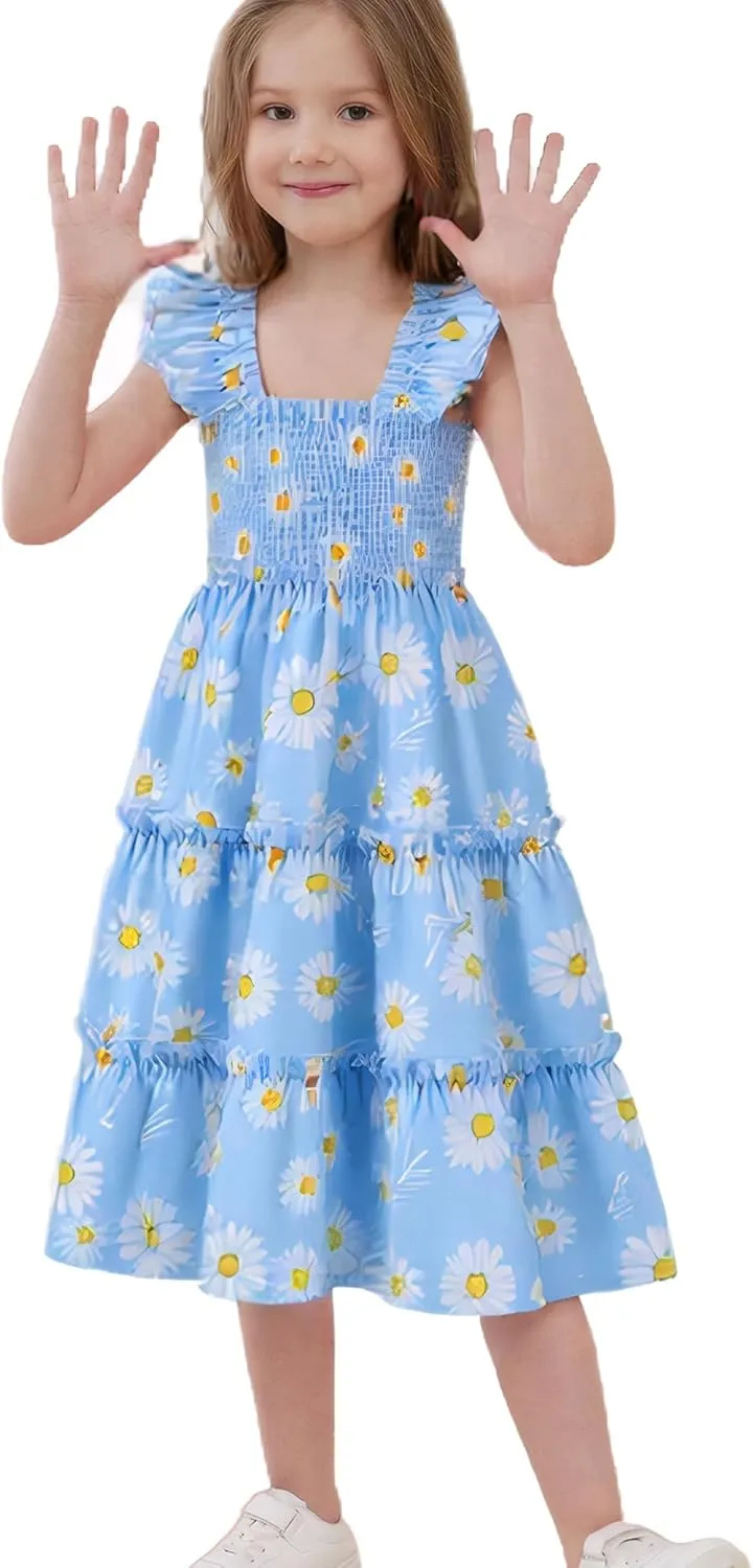 Little Girl Twirl Dress Kids Sleeveless Ruffle Tiered Smocked Dresses Girls Summer Outfits Beach Sundress