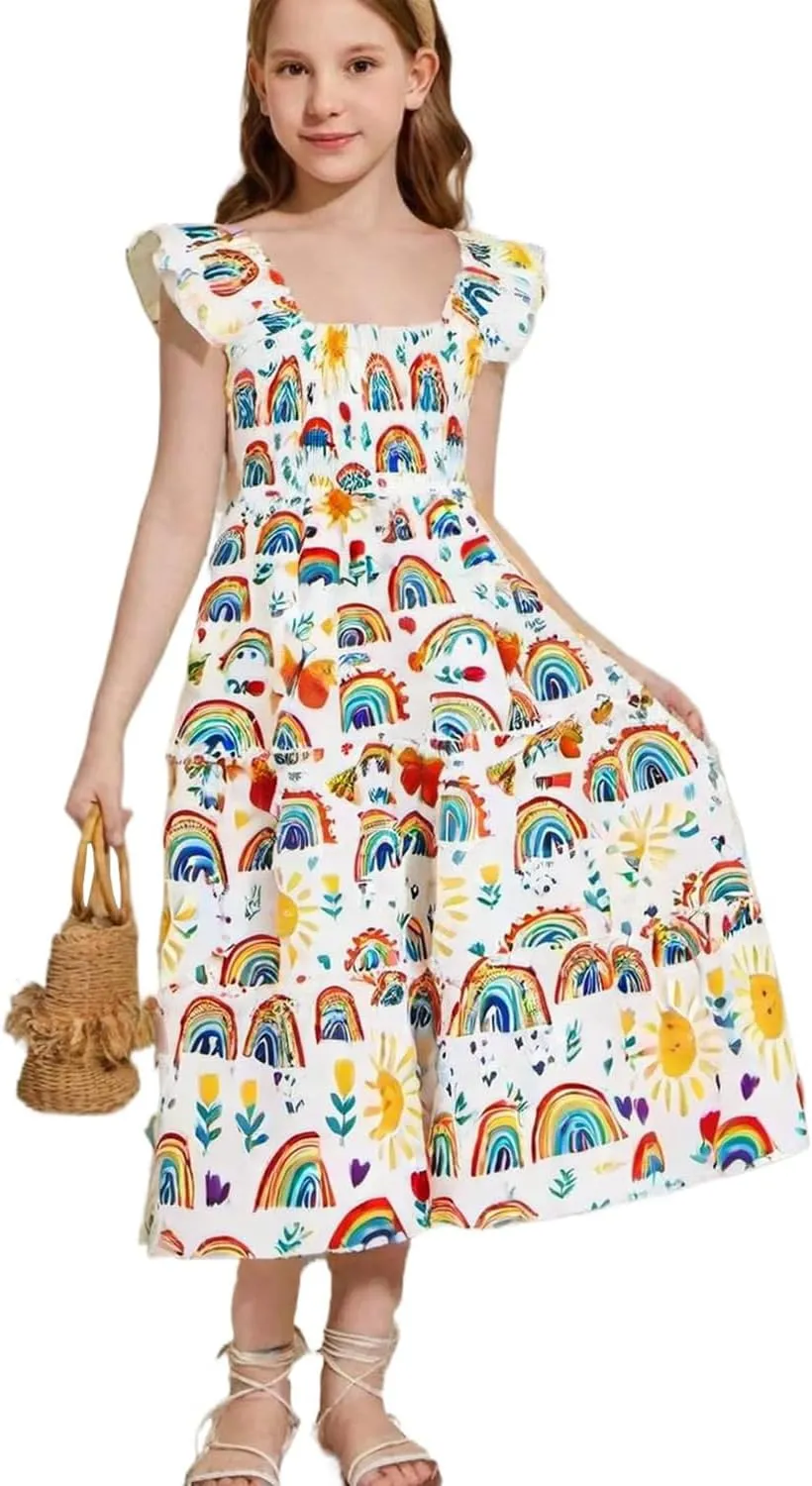 Little Girl Twirl Dress Kids Sleeveless Ruffle Tiered Smocked Dresses Girls Summer Outfits Beach Sundress
