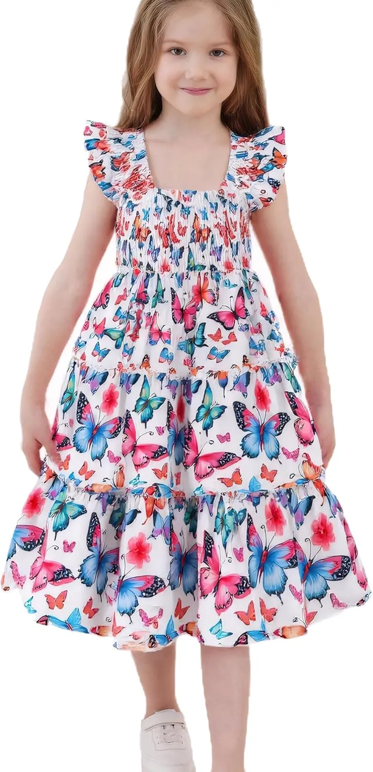Little Girl Twirl Dress Kids Sleeveless Ruffle Tiered Smocked Dresses Girls Summer Outfits Beach Sundress